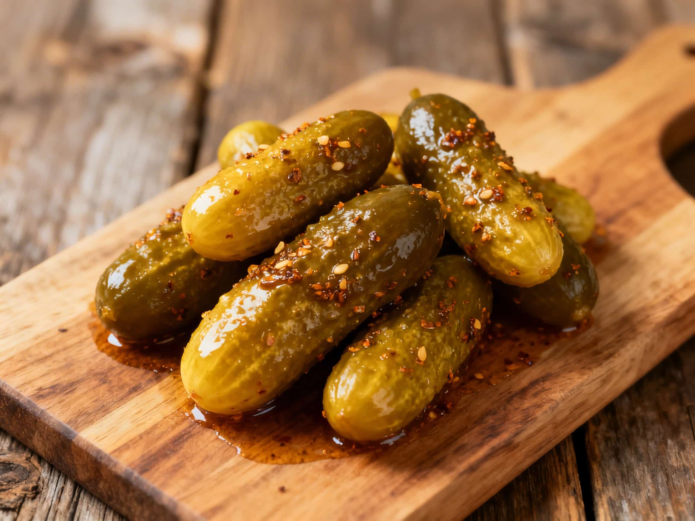 Several glass jars filled with homemade whole gherkin pickles are arranged invitingly on a rustic wooden table. The vibrant green gherkins are suspended in crystal-clear brine, intertwined with fresh dill sprigs, tiny mustard seeds, and elegant star anise. The scene is bathed in soft, natural light, highlighting the freshness and artisanal quality of the preserved vegetables. The overall impressio