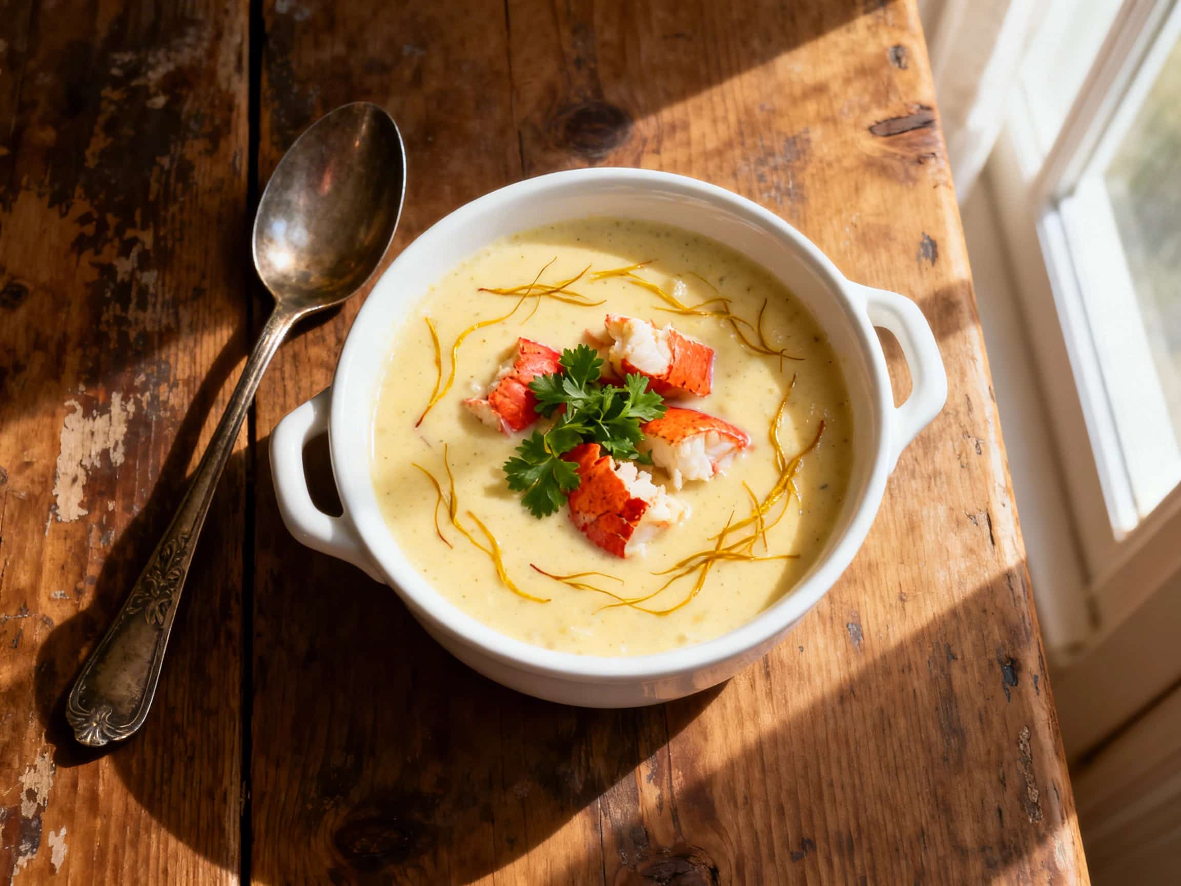A luxurious bowl of Creamy Lobster and Saffron Chowder, showcasing its rich golden-orange color and tender pieces of lobster meat, garnished with fresh chives and a hint of cream. The chowder is served in a rustic ceramic bowl on a wooden table, evoking a comforting and elegant dining experience.