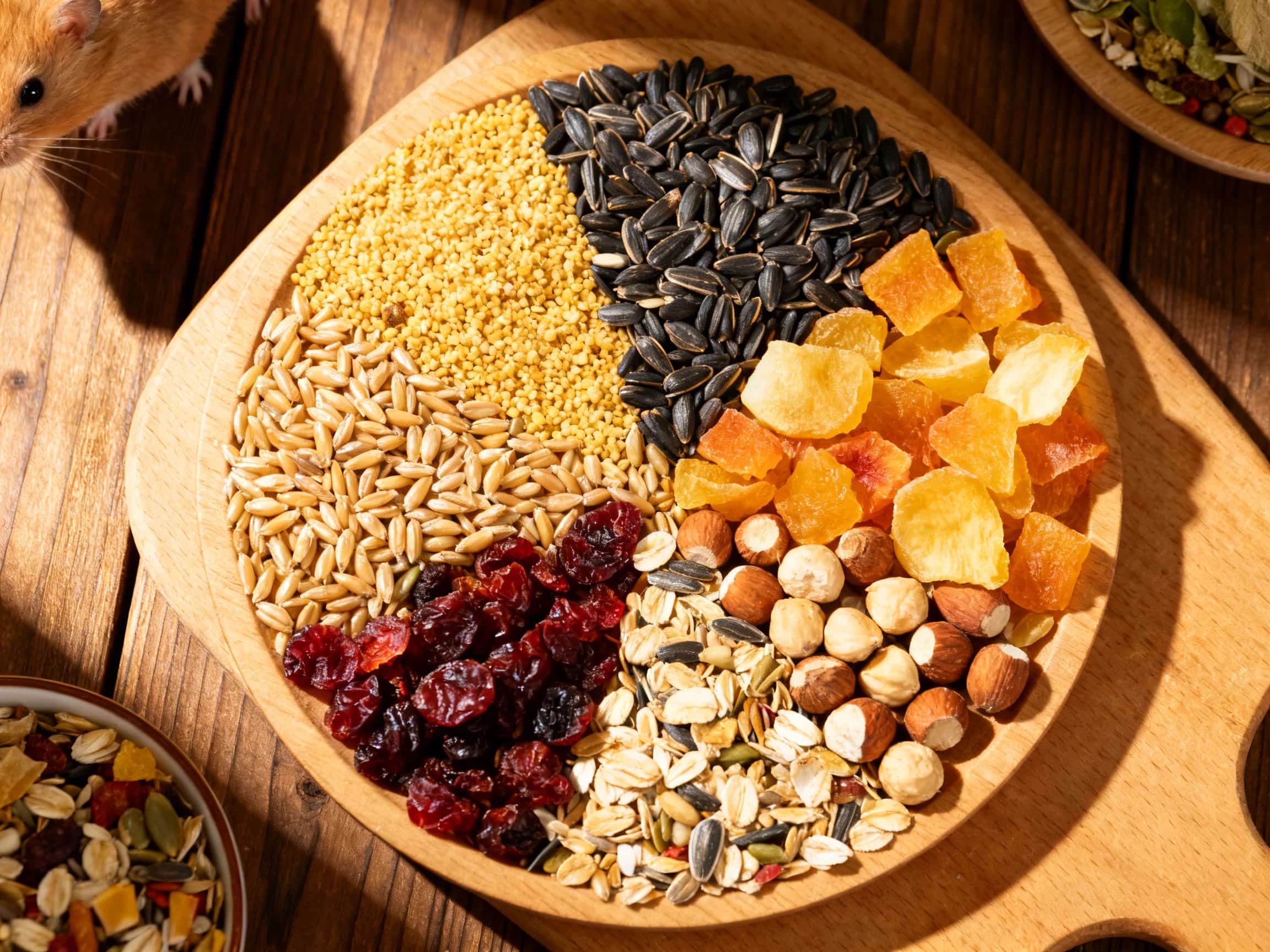 An inviting close-up of a colorful and texturally rich rodent food mix displayed in a ceramic bowl. The mix features amber-colored rodent pellets, light brown oats, dark sunflower seeds, pale millet, and vibrant green dried herbs. Small, chewy pieces of dried red apple are visible, alongside scattered light-colored pumpkin seeds. The arrangement is natural and bountiful, highlighting the mix's div