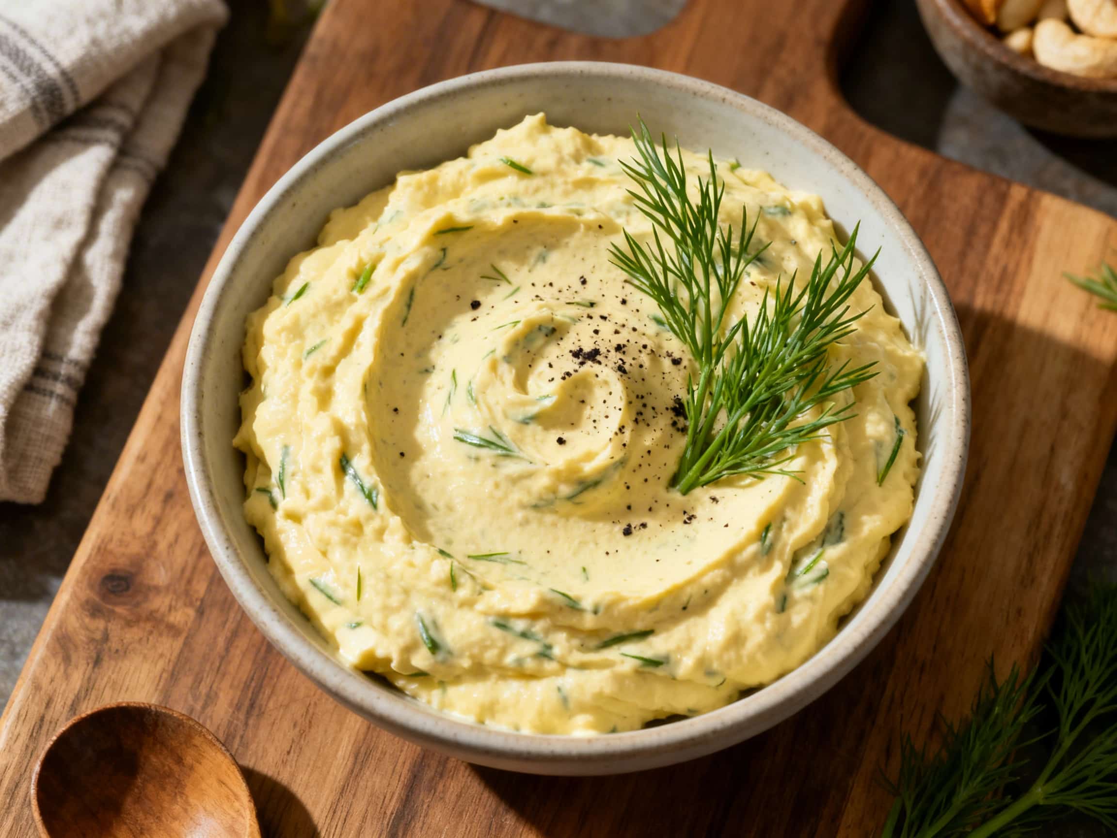 A close-up, overhead shot of a vibrant green Cashew Dill Fairy Dip in a rustic ceramic bowl, garnished with fresh dill. It's surrounded by an inviting spread of colorful vegetable sticks including carrots, cucumber, and bell peppers, along with toasted pita bread wedges. The scene is bathed in natural light, highlighting the dip's creamy texture and the freshness of the accompaniments, suggesting
