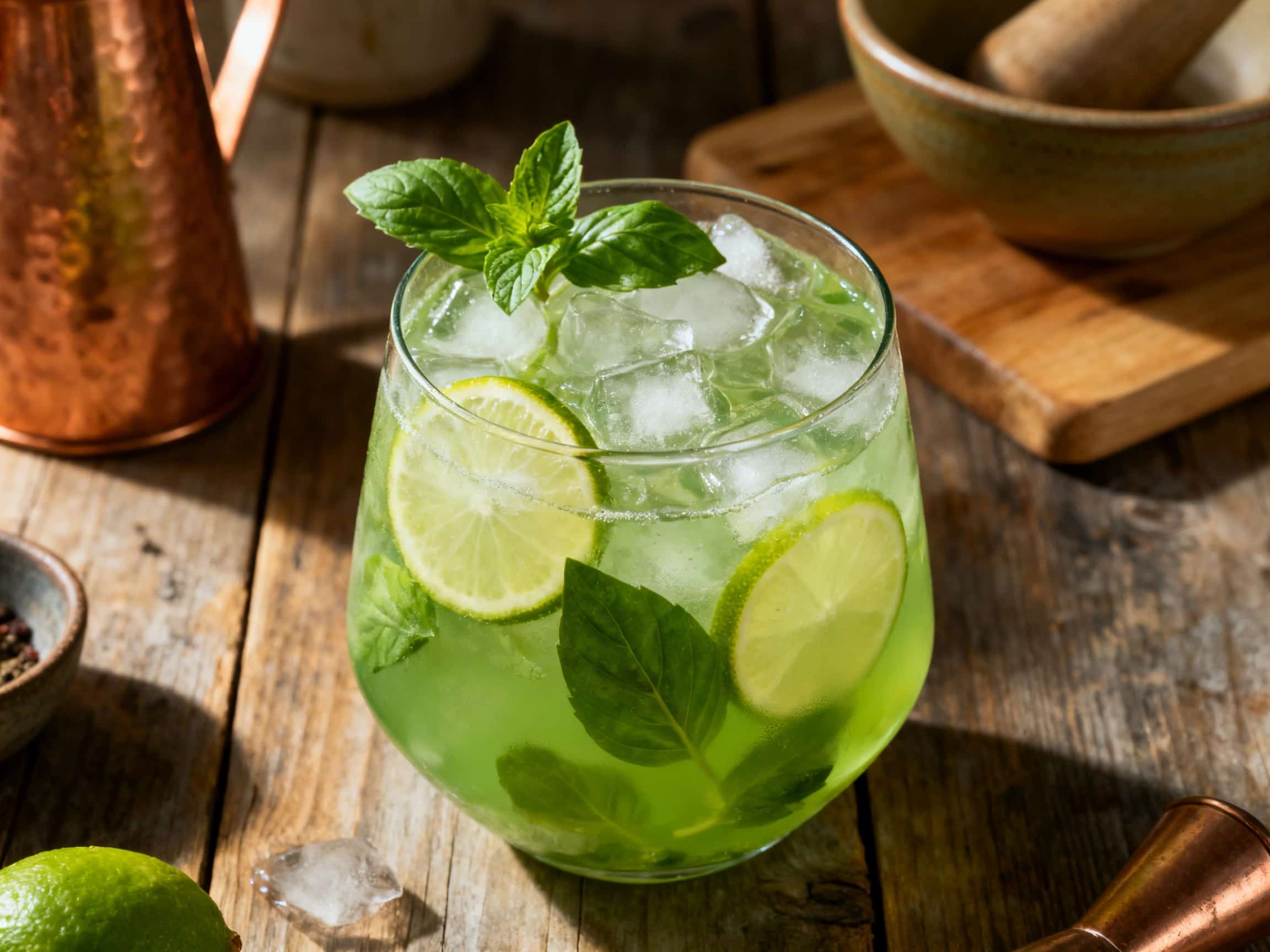 A large, clear crystal punch bowl brimming with a vibrant green Emerald Basil Lime Mojito Punch sits proudly on a beautifully set party table. The surface of the punch is adorned with bright green lime slices, fresh mint, and fragrant basil leaves, creating an inviting, refreshing visual. Around the punch bowl, elegant clear glasses, each filled with ice, are ready for guests, with some already ho