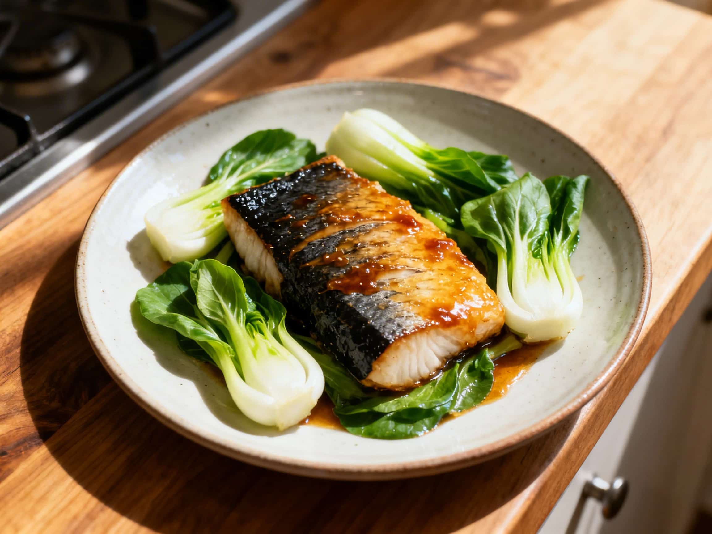 A stunning close-up of a baked miso-glazed black cod fillet, perfectly caramelized with a golden-brown finish, resting on a bed of tender, slightly charred baby bok choy. The rich, flaky fish is garnished with delicate strips of fresh ginger, arranged on a dark, rustic plate that highlights the vibrant colors of the dish. The lighting is soft and inviting, emphasizing the savory glaze and the fres