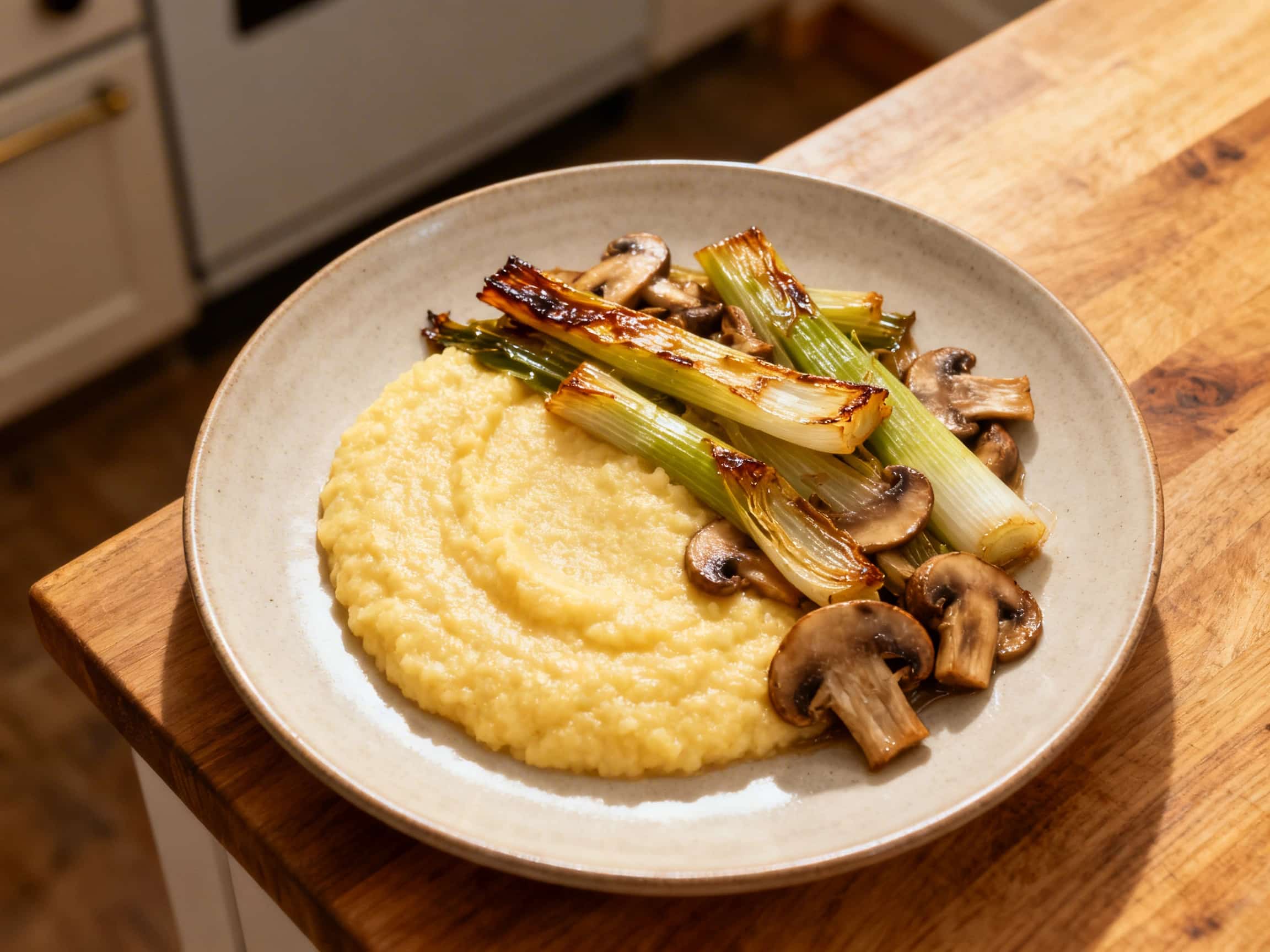 Creamy Polenta with Braised Leeks and Mushrooms