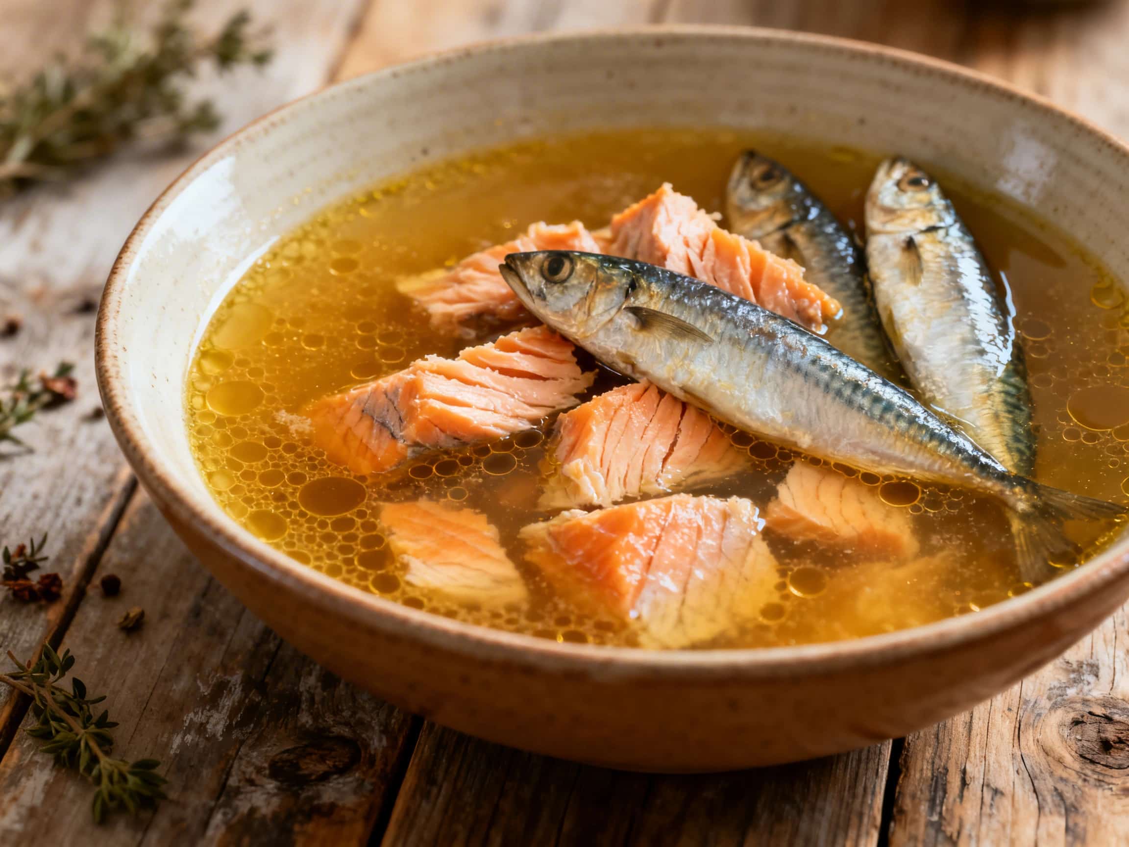 A porcelain cat bowl featuring a delicious meal of flaked salmon and mashed sardines suspended in a clear, light broth. The dish is garnished with fresh catnip leaves, highlighting the rich, moist texture and appealing presentation of the homemade wet cat food, designed specifically for feline consumption.