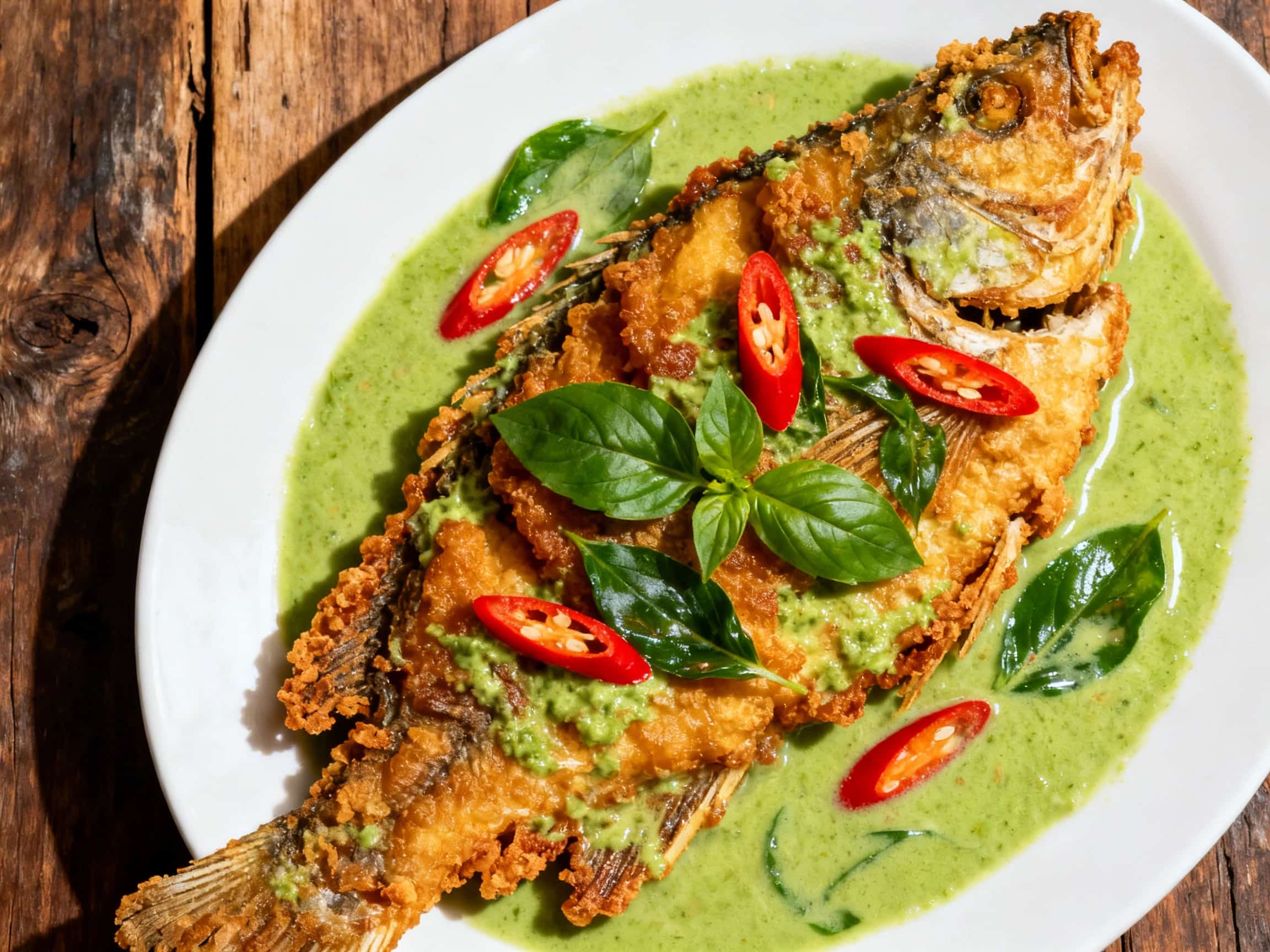A close-up of a rustic ceramic bowl filled with vibrant Thai Green Curry Fried Fish. Crispy, golden-brown fish fillets are nestled in a creamy, bright green curry sauce, garnished abundantly with fresh Thai basil leaves and thinly sliced red chilies. The dish is presented on a dark wooden table, with steam subtly rising, suggesting warmth and freshness. A bowl of steamed jasmine rice is softly blu