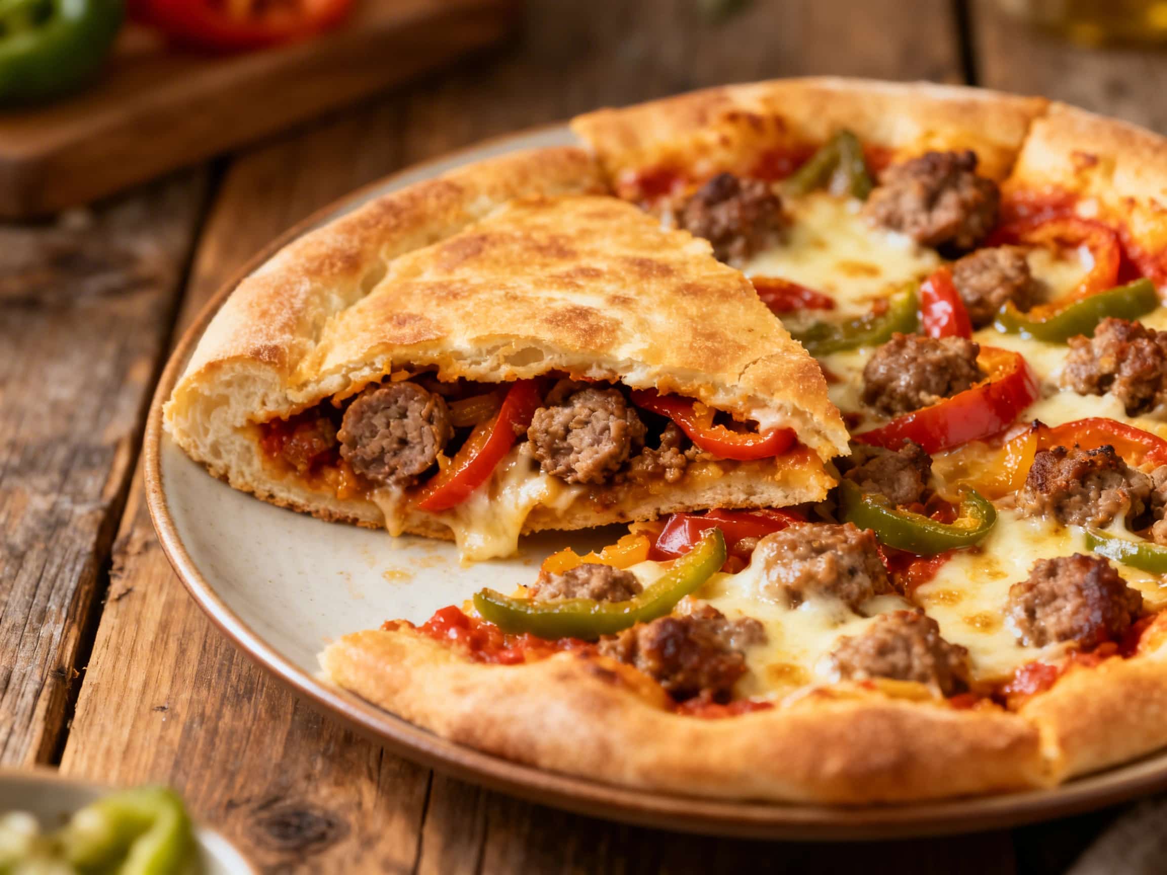 A magnificent Italian Sausage and Pepper Stuffed Pizza, exhibiting a perfectly golden, slightly browned crust. A thick slice cut from the pizza reveals the hearty interior: layers of seasoned Italian sausage, vibrant red and green bell peppers, sweet onions, and melted mozzarella cheese. The pizza sits in a dark cast-iron skillet on a wooden board, with a small dish of red marinara sauce ready for