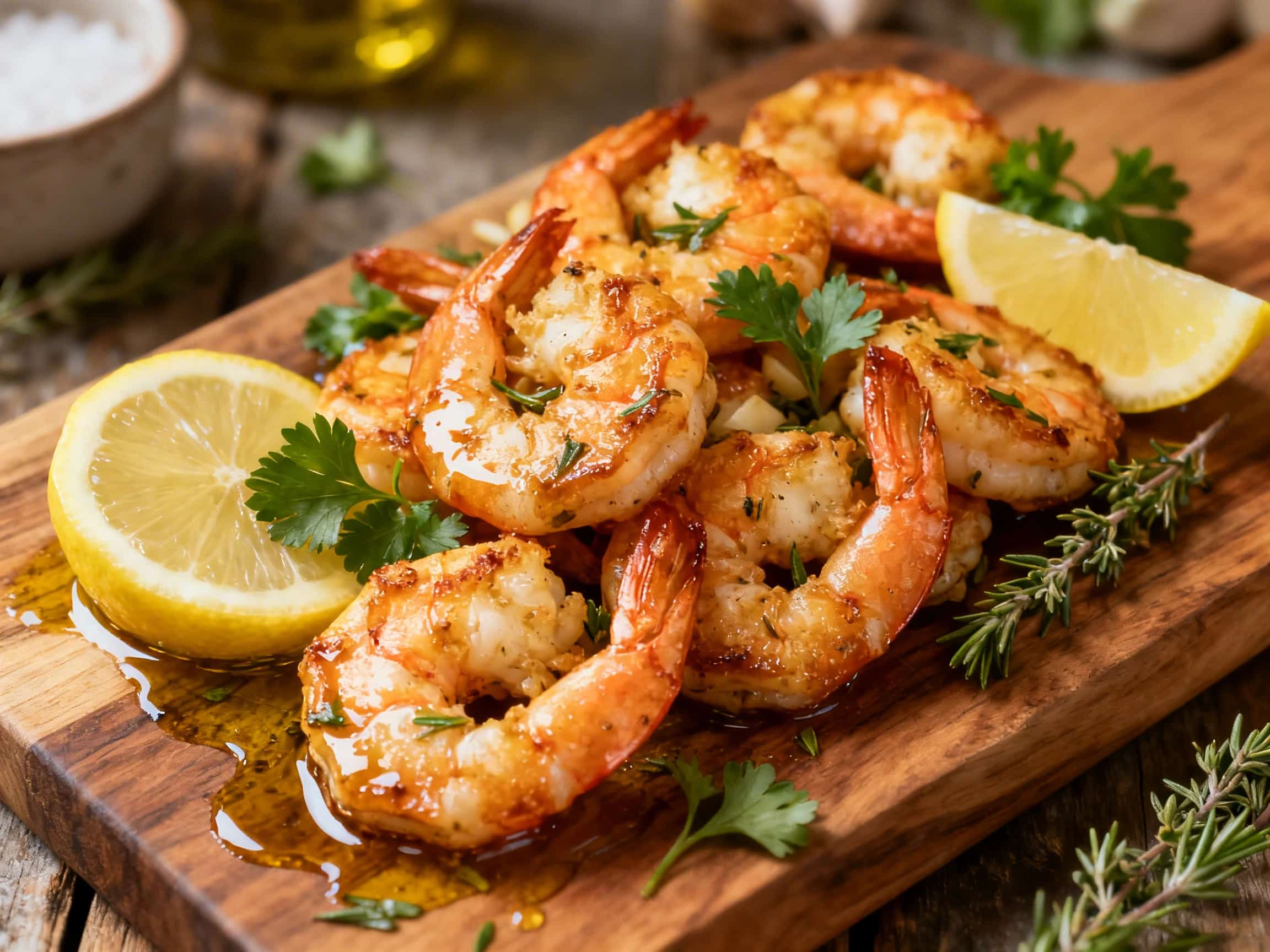 A rustic ceramic baking dish holds glistening, perfectly baked pink shrimp, beautifully arranged and coated in a vibrant garlic-lemon-herb sauce. Fresh green parsley and dill are sprinkled over the top, with bright yellow lemon wedges nestling alongside the shrimp in the warm, inviting dish, set on a dark wooden table.