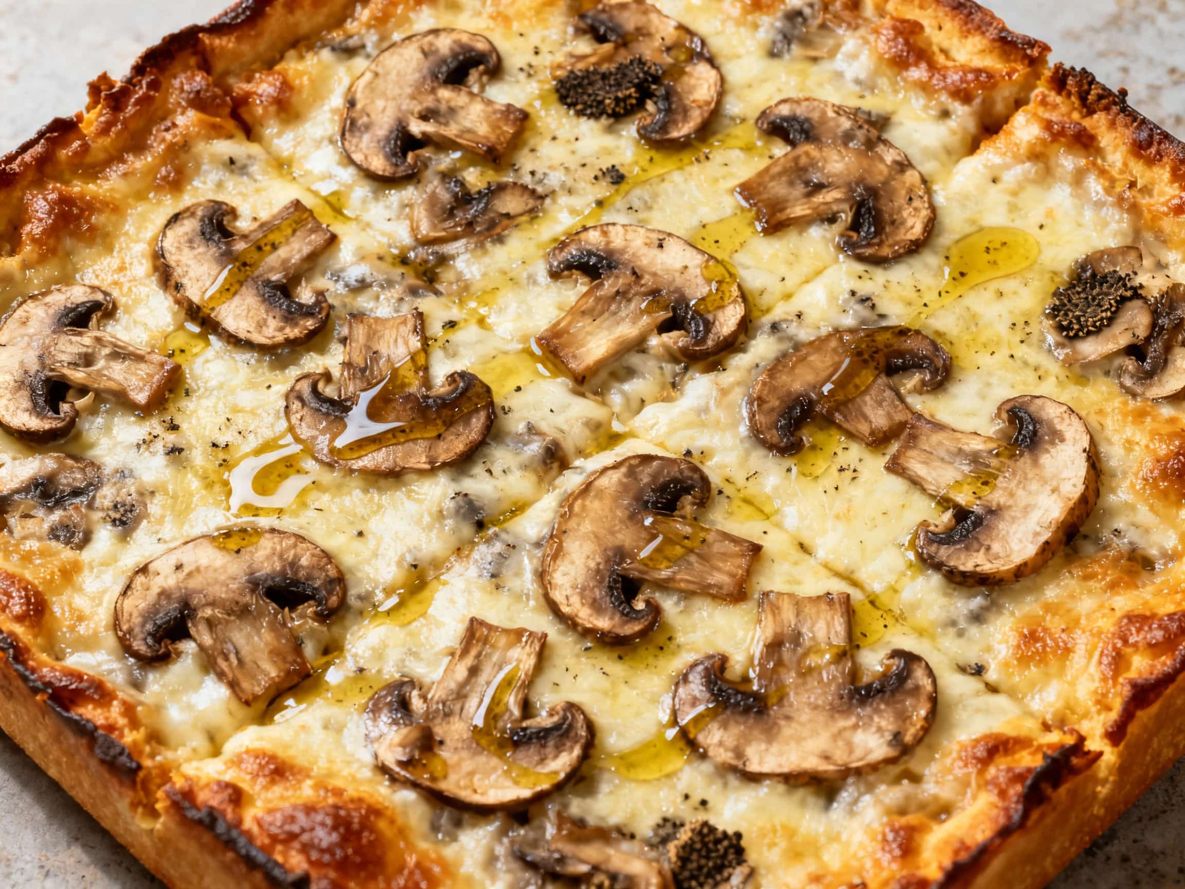 A stunning close-up of a Mushroom and Truffle Oil Detroit Pan Pizza, presented on a rustic wooden cutting board. The thick, chewy crust boasts incredibly crispy, dark golden-brown caramelized cheese edges. The surface is adorned with a generous layer of melted, bubbling mozzarella and fontina cheeses, studded with perfectly sautéed cremini and shiitake mushrooms, and glistens with a drizzle of aro