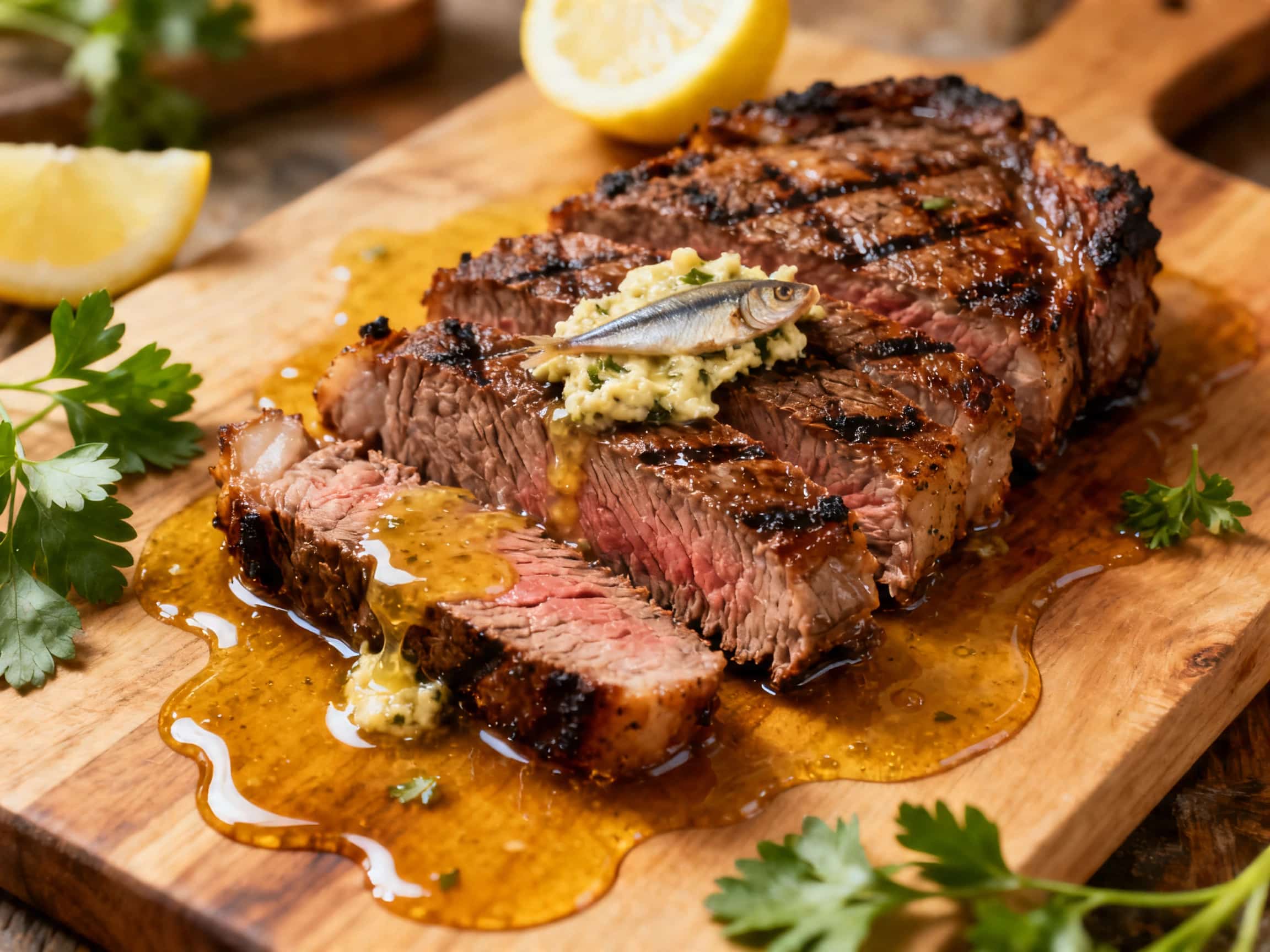 An enticing close-up of a small ceramic bowl brimming with a savory wet cat food. The dish features finely minced, tender flank steak intermingled with bright orange pumpkin puree, all swimming in a rich, warm broth. A tiny, melted dollop of golden butter rests on top, adding a luxurious sheen. The lighting is soft and warm, suggesting a comforting homemade meal, presented with meticulous care for