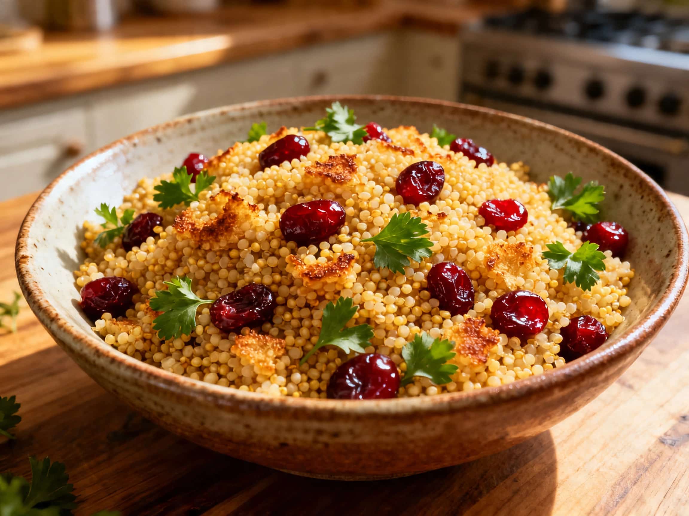 A close-up, top-down view of a vibrant Toasted Millet and Cranberry Pilaf in a rustic ceramic bowl. The fluffy, golden millet is richly mixed with bright red dried cranberries and substantial slivers of toasted almonds. A generous sprinkle of fresh, green chopped parsley garnishes the dish, which rests on a warm wooden table, highlighted by soft natural light. The picture evokes comfort and wholes